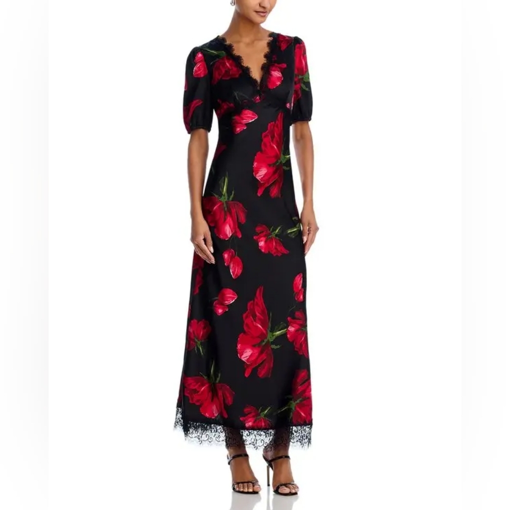AQUA Rose Print Lace Trim Maxi Dress